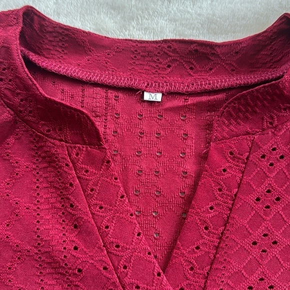 NWOT Eyelet notched flutter sleeve tshirt - Vneck-wine color-very soft. - Picture 2 of 8